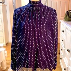 Shi Long Fashion Blue & White Pleated Polka Dot High Neck Blouse Size 2XL